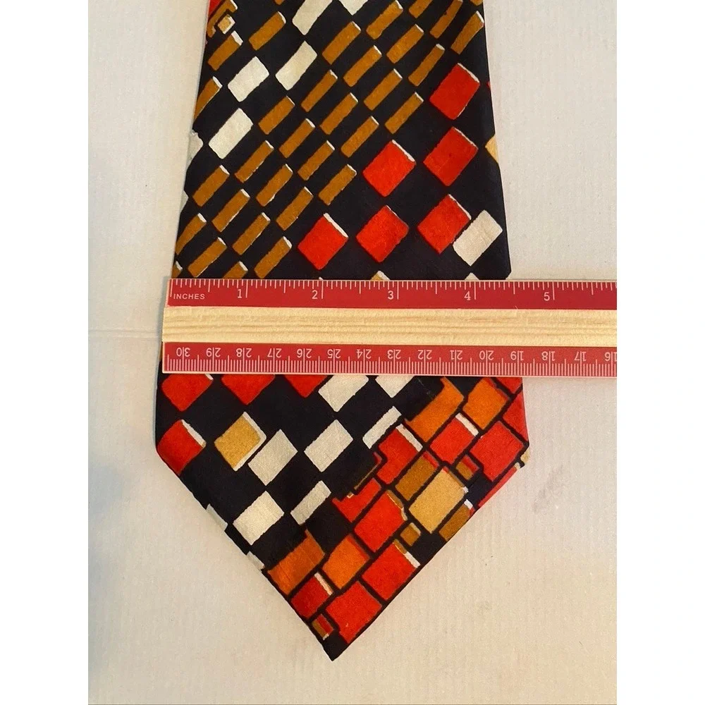 Handloom Pure Silk Tie Mens Geometric Block Pattern Red Orange Black India Made